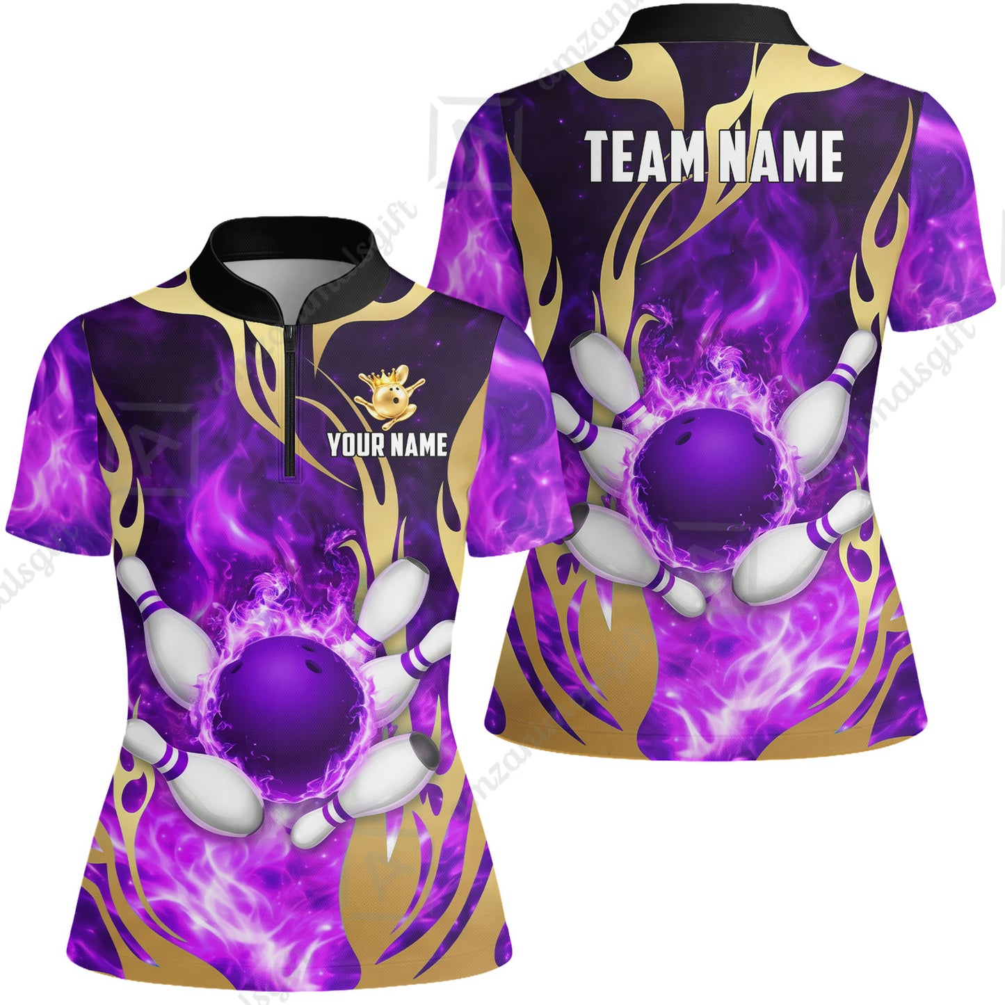Custom Bowling Jersey Polo Shirt, Abyssal Fire & Golden Flames, Custom Bowling Jersey Team Shirt For Players With Name & Team Name