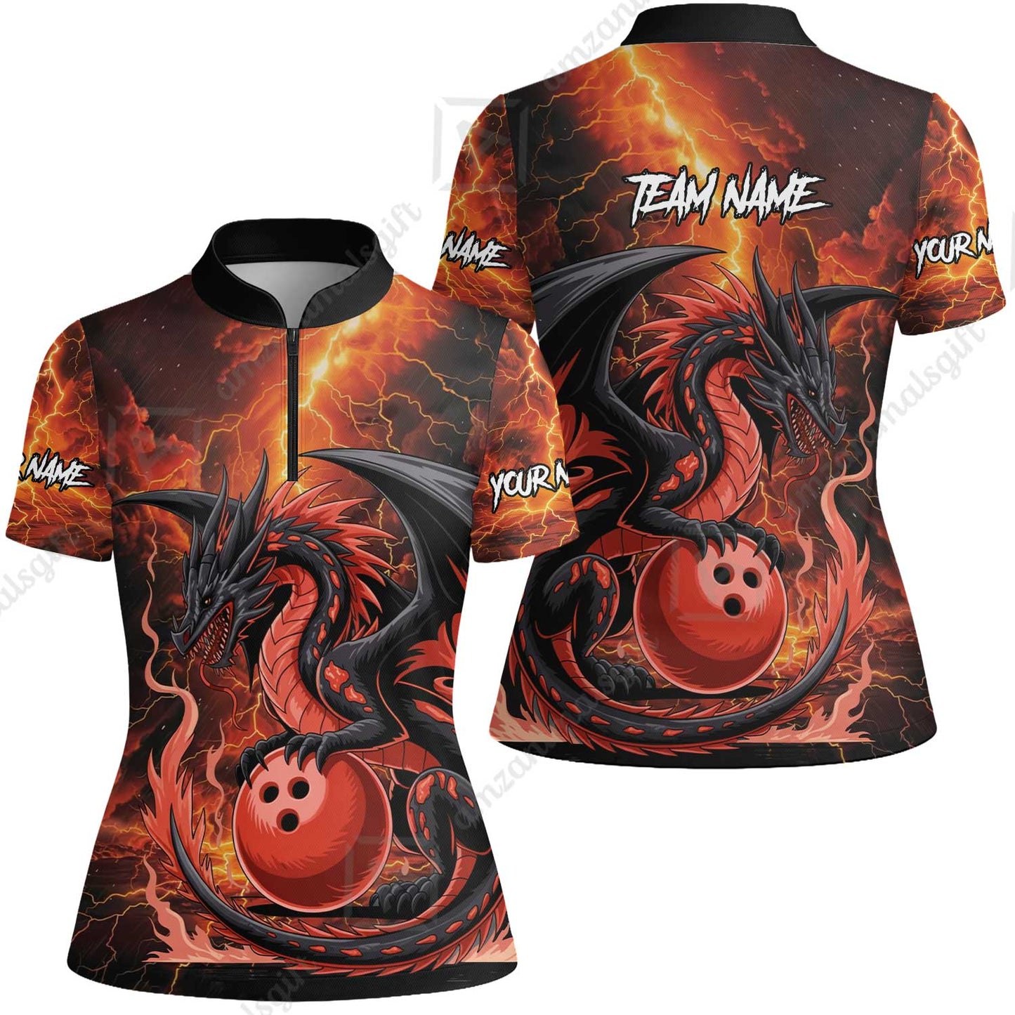 Custom Team Name Hellfire Bowling Team Jersey Shirt- Bowling uniforms Hellfire Dragon Bowling Quarter-Zip Polo Shirts - Uniform Shirt For Bowlers