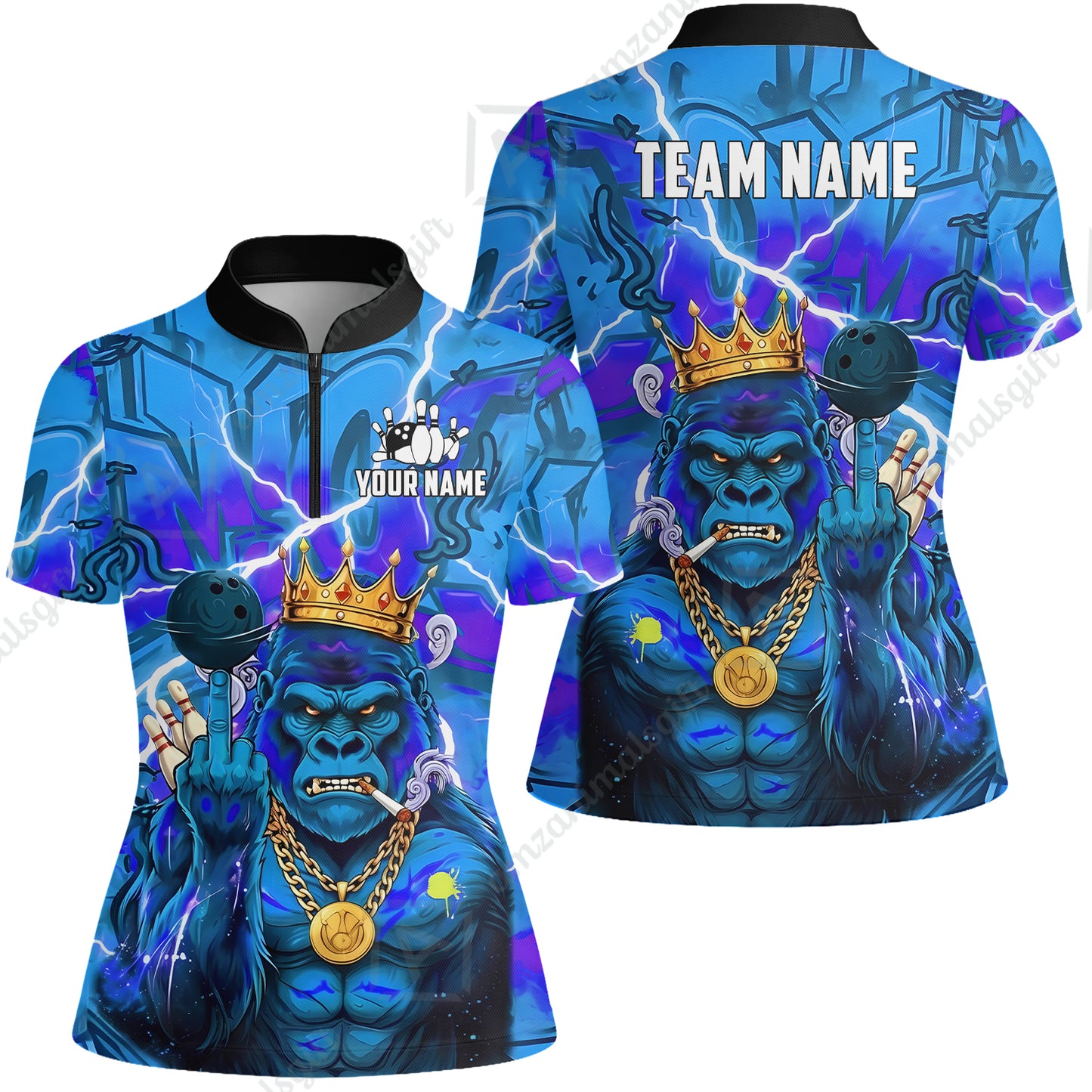 Custom Bowling Jersey Polo Shirt, Rebellious Gorilla King & Street Graffiti, Custom Bowling Jersey Team Shirt For Players With Name & Team Name
