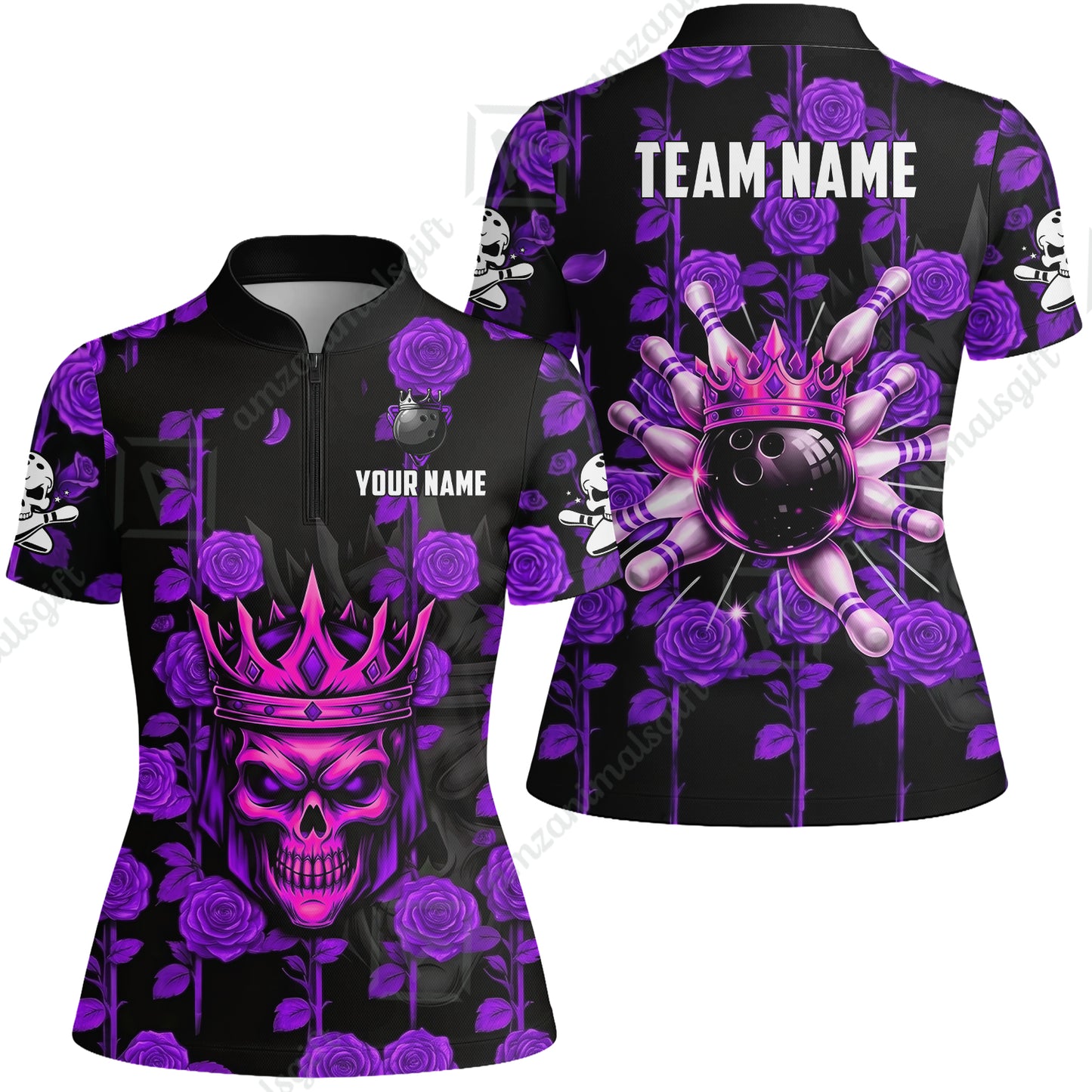 Custom Bowling Jersey Polo Shirt, Royal Skull Bowling, Custom Bowling Jersey Team Shirt For Players With Name & Team Name