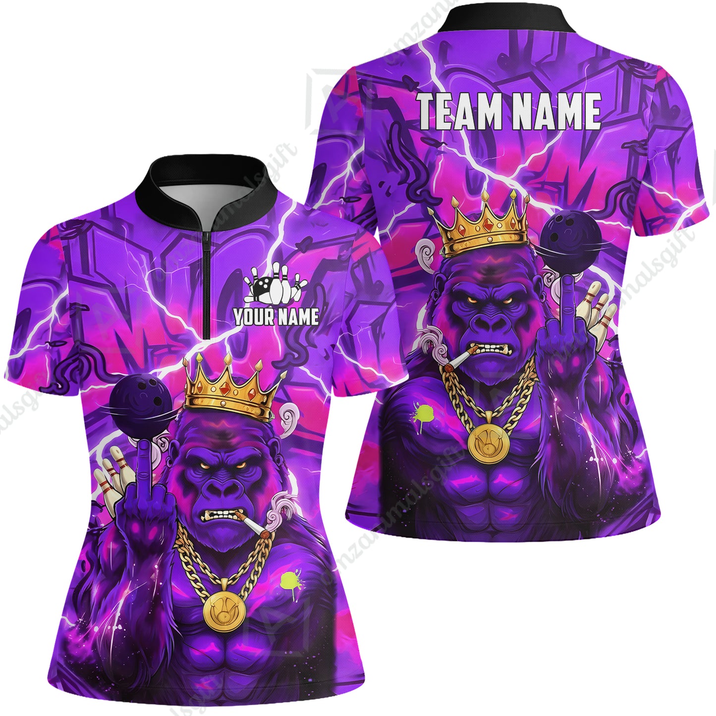 Custom Bowling Jersey Polo Shirt, Rebellious Gorilla King & Street Graffiti, Custom Bowling Jersey Team Shirt For Players With Name & Team Name
