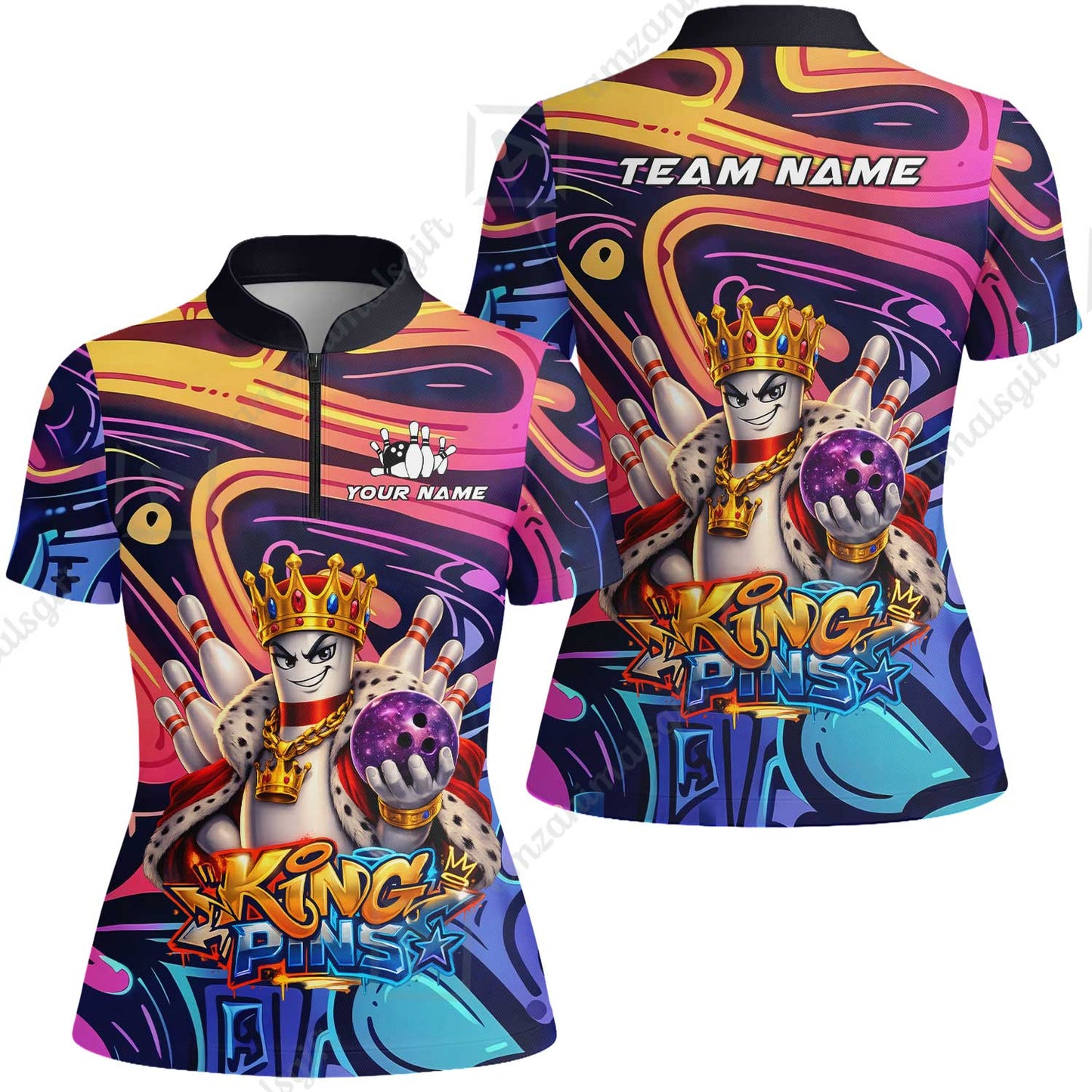 Custom Bowling Jersey Polo Shirt, Psychedelic Graffiti King Pins Mascot, Custom Bowling Jersey Team Shirt For Players With Name and Team Name