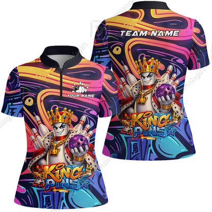 Custom Bowling Jersey Polo Shirt, Psychedelic Graffiti King Pins Mascot, Custom Bowling Jersey Team Shirt For Players With Name and Team Name