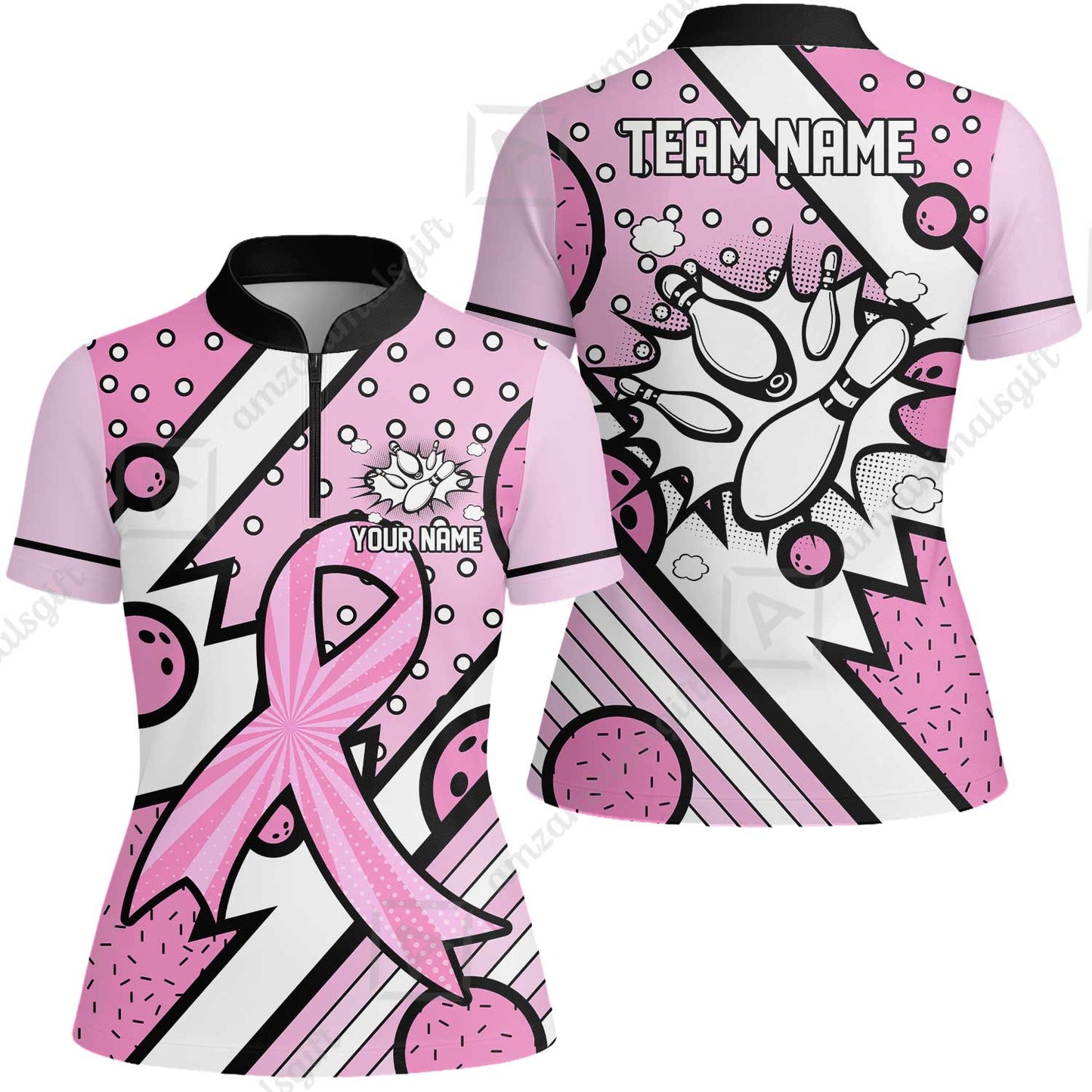 Customized Bowling Team Polo Jersey, Bowling Pink Ribbon Comic Style Uniform Shirt For Bowlers