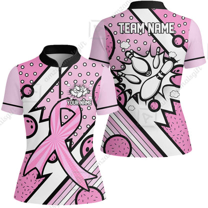 Customized Bowling Team Polo Jersey, Bowling Pink Ribbon Comic Style Uniform Shirt For Bowlers
