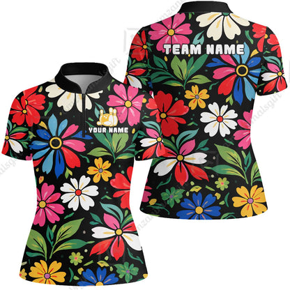 Custom Bowling Jersey Polo Shirt, Vibrant Summer Bloom Floral, Custom Bowling Jersey Team Shirt For Players With Name and Team Name