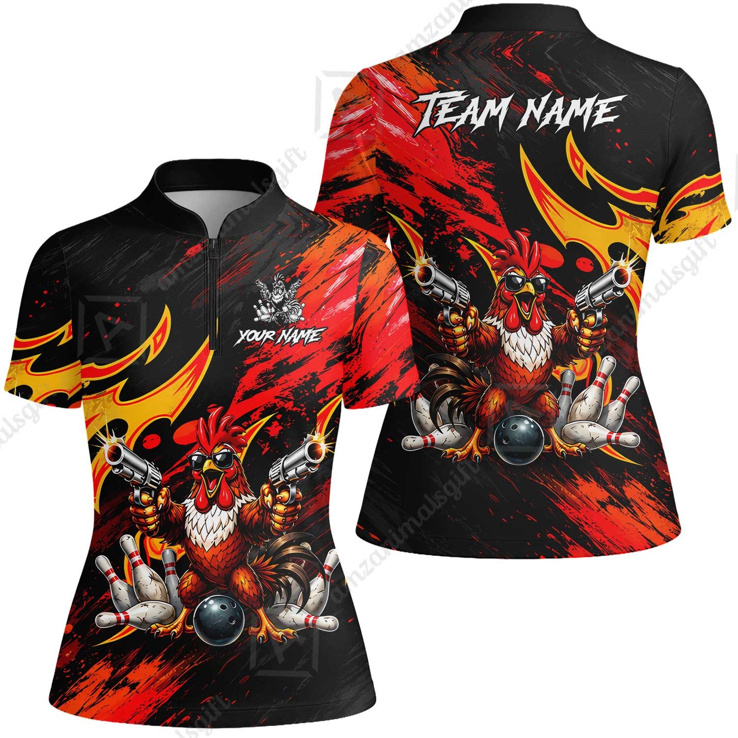 Custom Bowling Jersey Polo Shirt, Rooster With Gun, Custom Bowling Jersey Team Shirt For Players With Name and Team Name