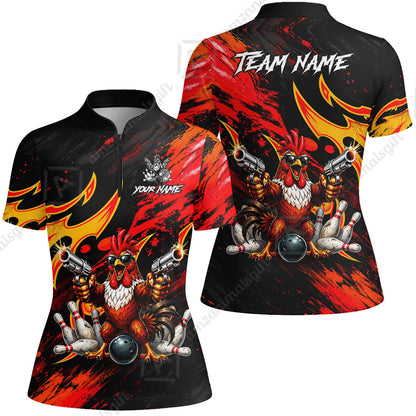 Custom Bowling Jersey Polo Shirt, Rooster With Gun, Custom Bowling Jersey Team Shirt For Players With Name and Team Name