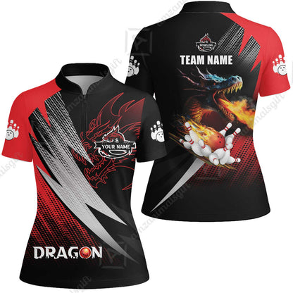 Customized Bowling Jersey Shirt, Personalized Name Dragon Team Red Bowling Ball On Fire Polo Shirt For Men - Perfect Gift For Bowling Lovers