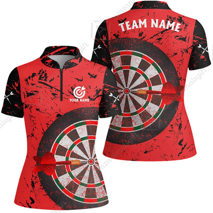 Red Dartboard Pattern Custom Darts Team Jersey Polo Quarter-Zip Shirts, Customized Name Team Name Darts Team Jerseys Uniform