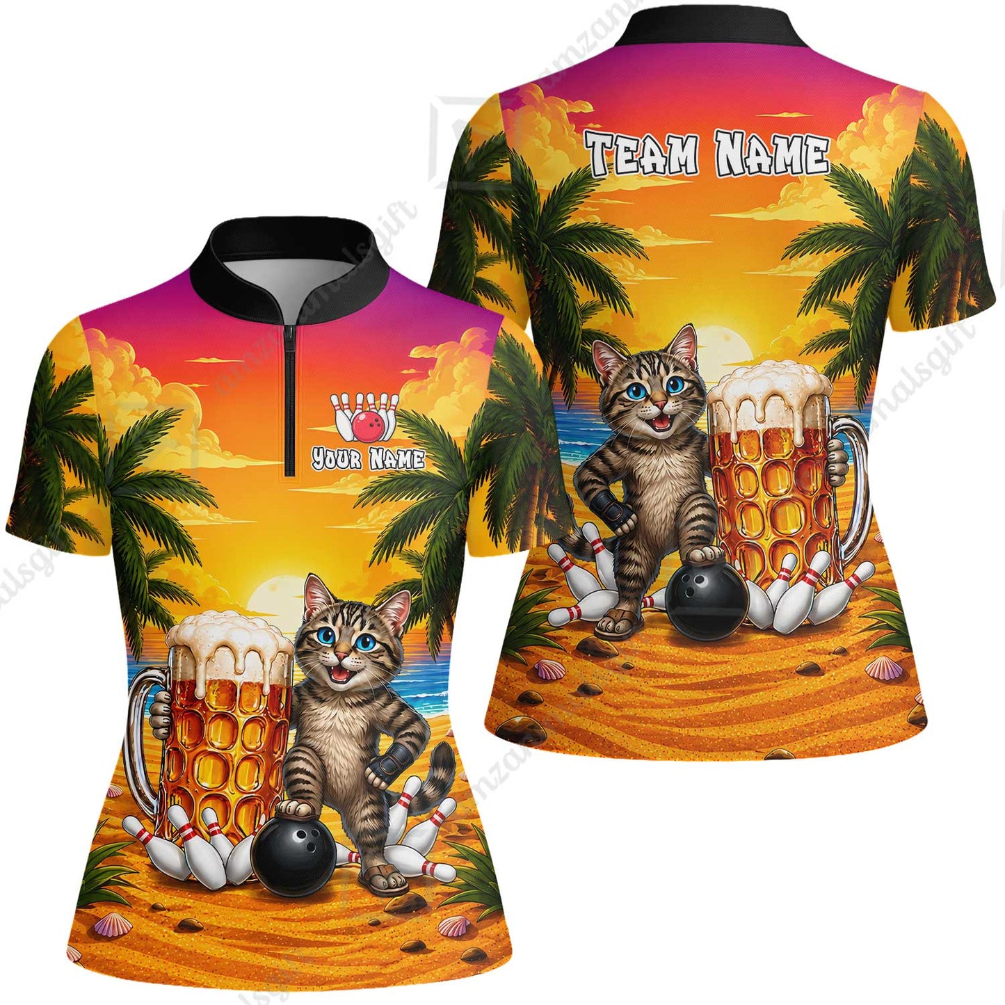 Custom Bowling Jersey Polo Shirt, Beer & Bowling Cat, Custom Bowling Jersey Team Shirt For Players With Name and Team Name