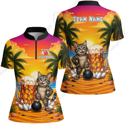 Custom Bowling Jersey Polo Shirt, Beer & Bowling Cat, Custom Bowling Jersey Team Shirt For Players With Name and Team Name