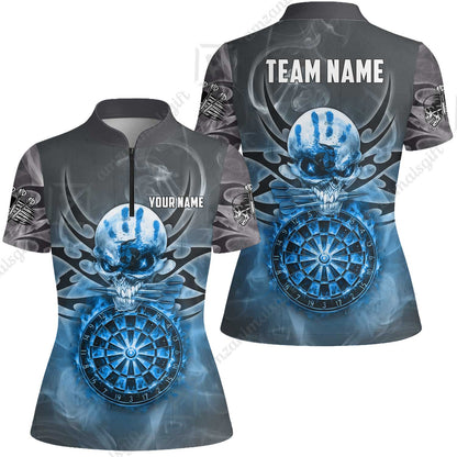 Custom Darts Jersey Polo Shirt, Glowing Fire Skull Tribal, Custom Dart Jersey Team Shirt For Players With Name & Team Name