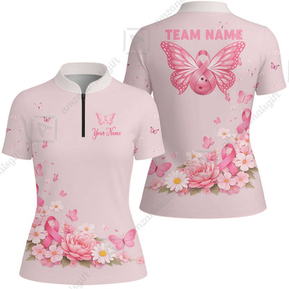 Custom Bowling Jersey Polo Shirt, Pink Butterfly Bowling, Custom Bowling Jersey Team Shirt For Players With Name & Team Name