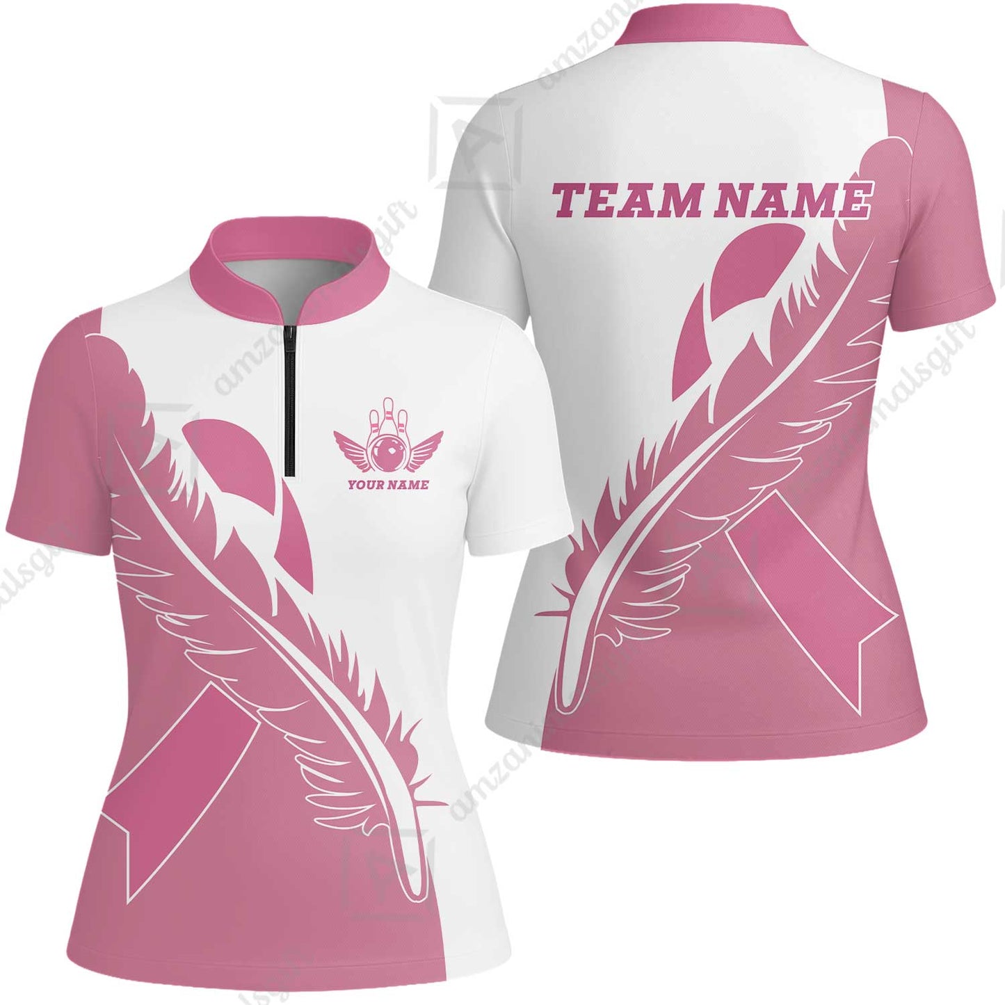 Feather Pink Ribbon Breast Cancer Custom Bowling Team Polo Shirts, Pink Ribbon Bowling Team Uniforms Jerseys, Personalized Name And Team Name