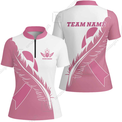 Feather Pink Ribbon Breast Cancer Custom Bowling Team Polo Shirts, Pink Ribbon Bowling Team Uniforms Jerseys, Personalized Name And Team Name