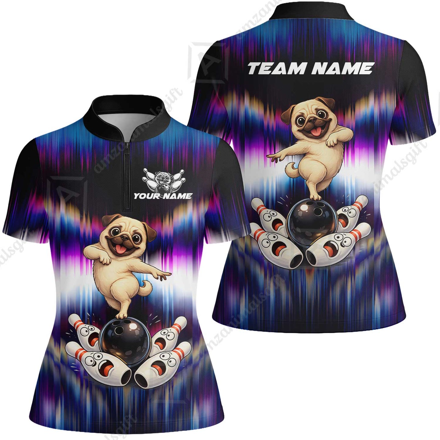 Custom Bowling Jersey Polo Shirt, Neon Cosmic Pug Bowling Custom Bowling Jersey Team Shirt For Players With Name & Team Name