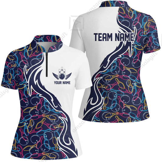 Customized Bowling Women Jersey Shirt Skittles And Balls Outline Bowling Pattern Custom Name And Team Name For Bowlers
