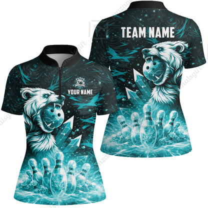Custom Bowling Jersey Polo Shirt, Arctic Bear & Crystal Galaxy, Custom Bowling Jersey Team Shirt For Players With Name & Team Name