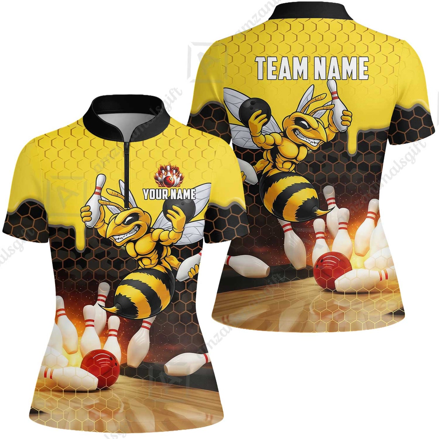 Customized Hornet Strike & Honeycomb Dripping Bowling Jersey, Custom Name And Team Name For Bowlers