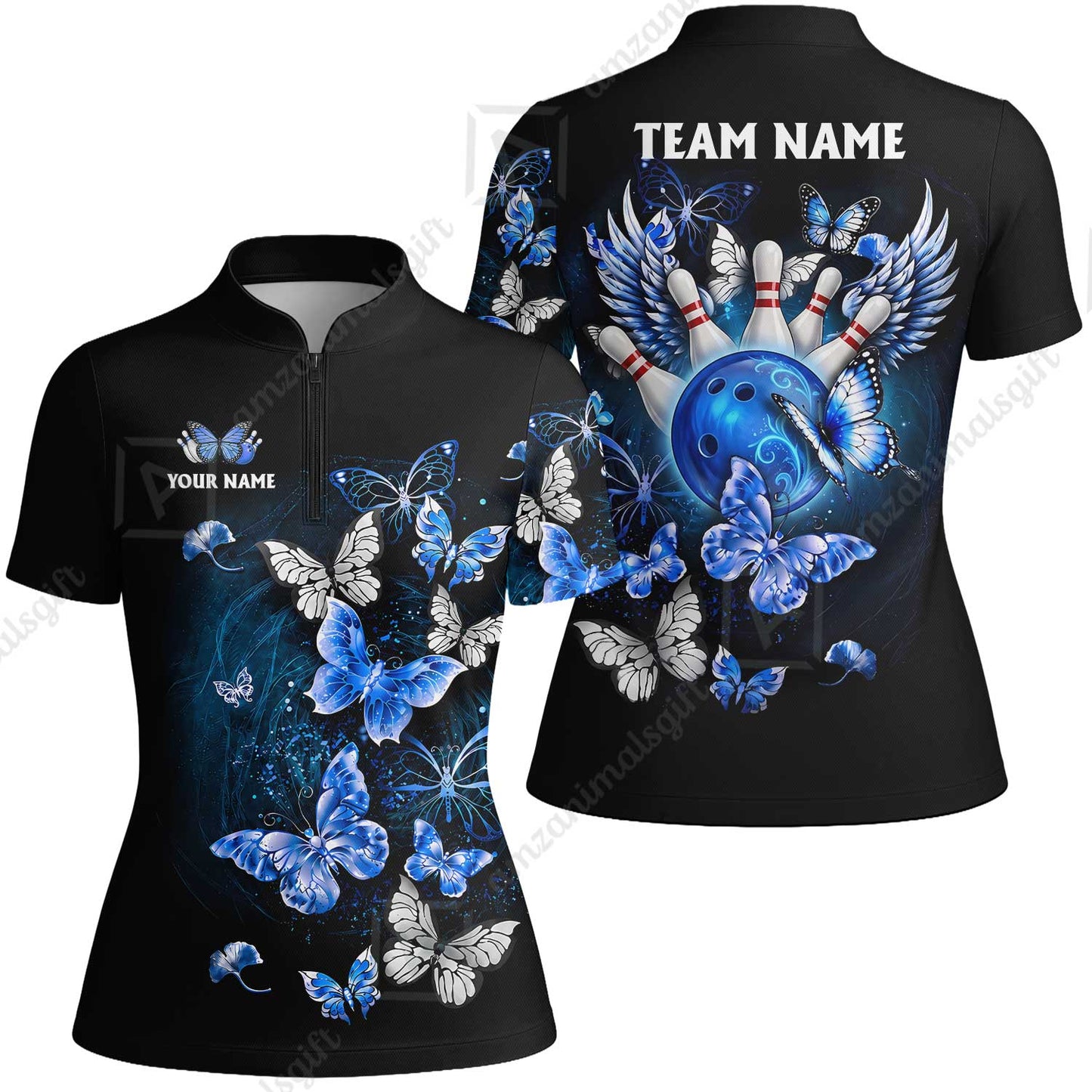 Custom Bowling Jersey Polo Shirt, Dreamy Nebula & Angelic Butterflies, Personalize Name and Team Name