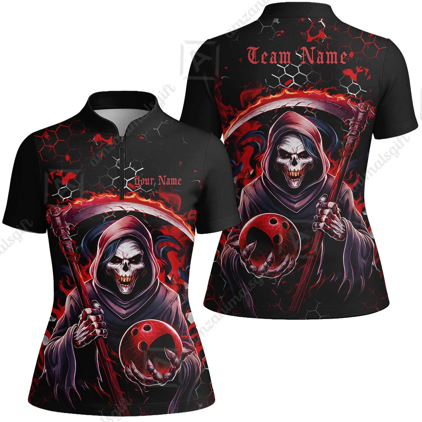 Custom Bowling Jersey Polo Shirt, Red Reaper, Personalized Name And Team Name