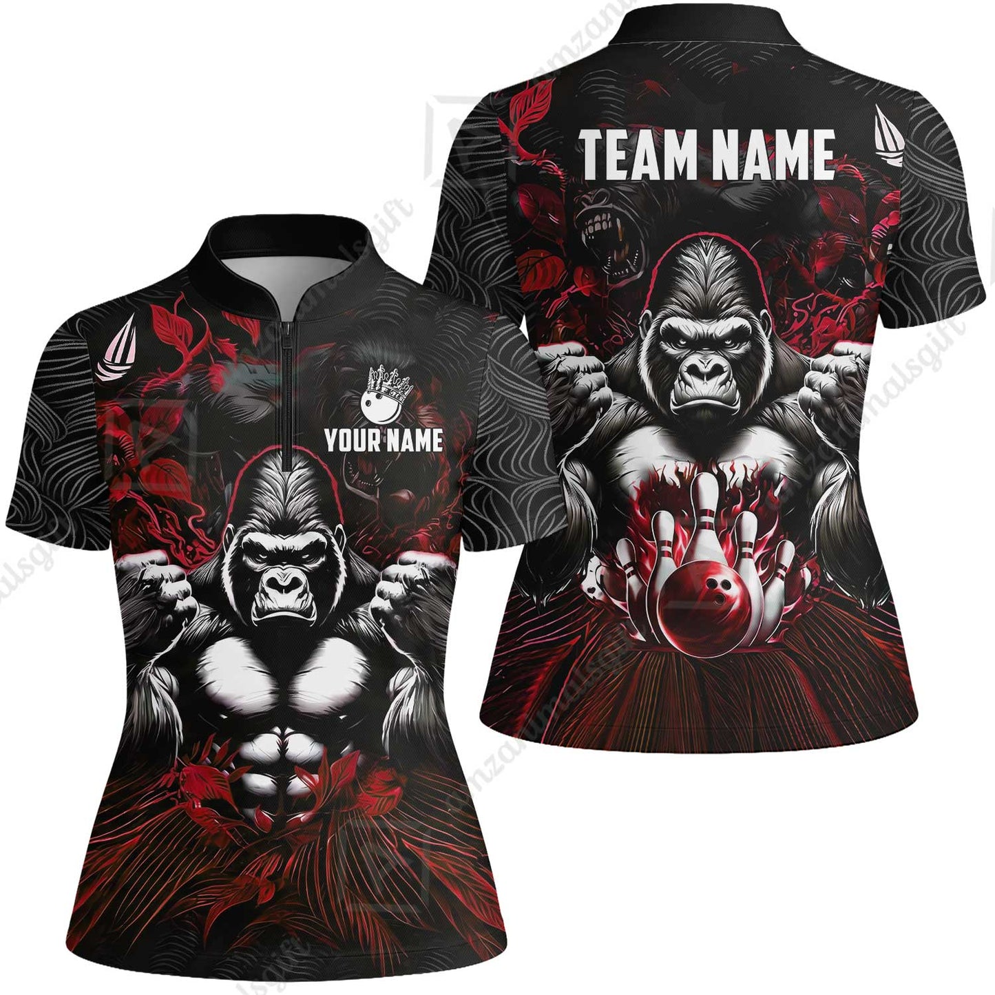 Custom Bowling Jersey Polo Shirt, Furious Gorilla Mascot, Custom Bowling Jersey Team Shirt For Players With Name & Team Name