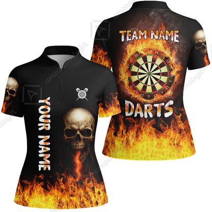 Customized Darts Team Polo Jersey, Darts Fire Skull Multi-Flame Dartboard Custom Uniform Team Shirt for Darts Players
