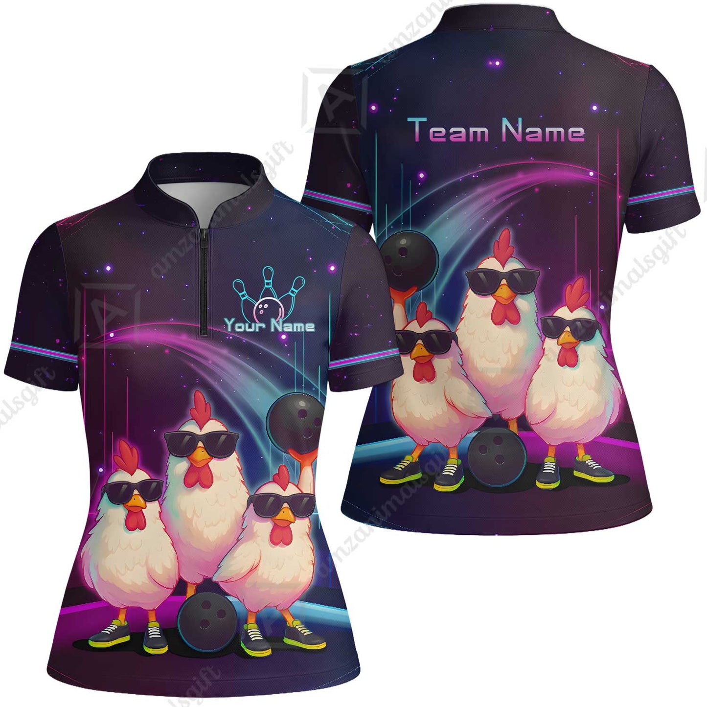 Custom Bowling Jersey Polo Shirt, Sunglasses Chicken Bowling, Custom Bowling Jersey Team Shirt For Players With Name & Team Name