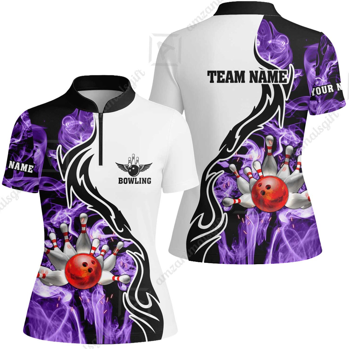 Customized Bowling Unisex Polo Shirt, Bowling And Pins Purple Smoke Pattern Customized Name And Team Polo Jerseys Shirts