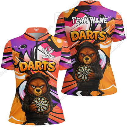 Customized Darts Team Uniform Shirt, Custom Darts Team Collar Quarter-Zip, Personalized Bear Darts Shirt with Name & Team Name