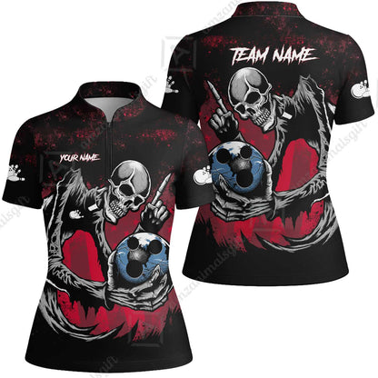 Customized Bowling Team Men Polo Shirt , Horrified Skull Bowling Ball Halloween Style Uniform Shirt, Jersey For Bowlers