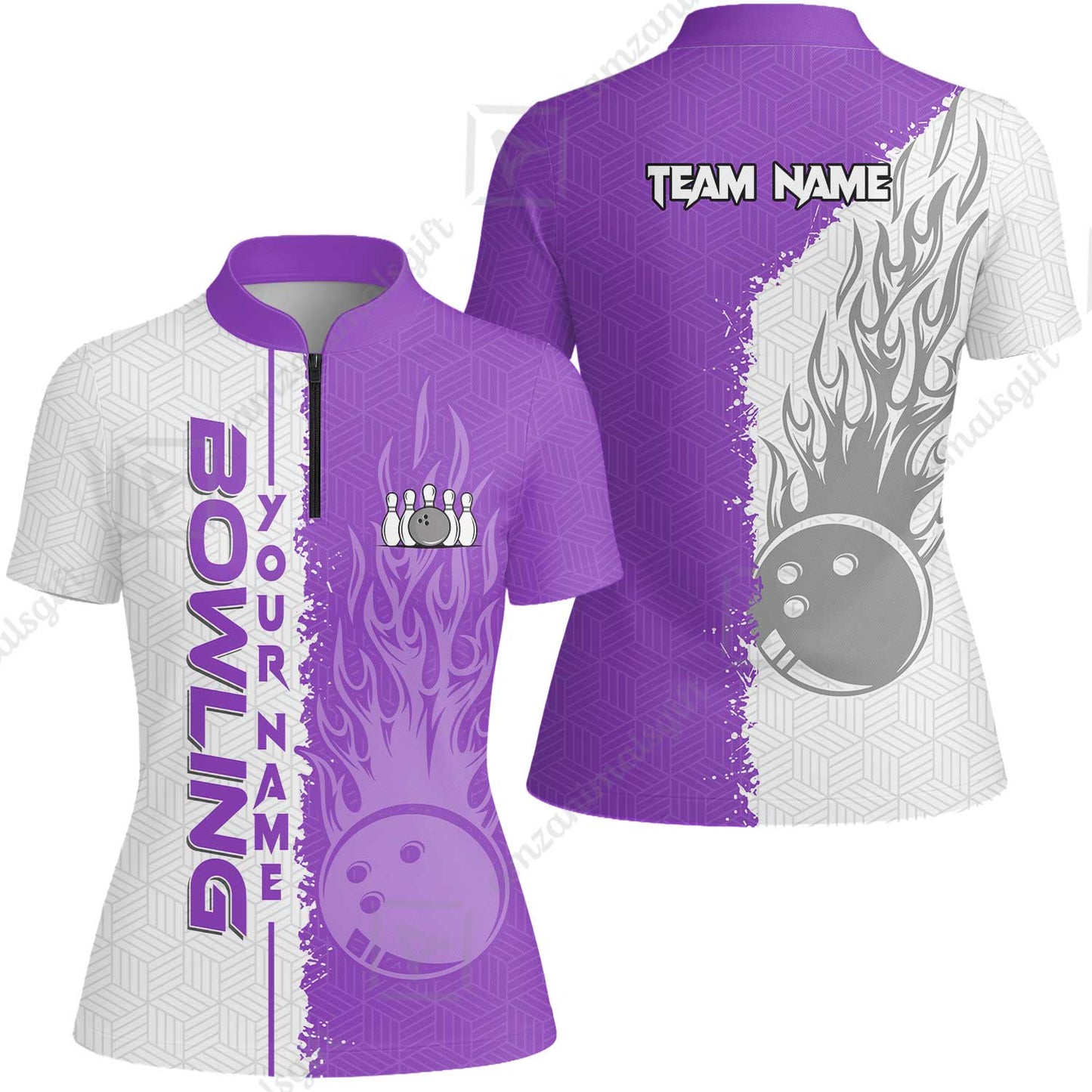 Custom White and Purple Flame Bowling Team Jersey Polo Shirts, Bowling Team Uniforms Jerseys, Personalized Name And Team Name