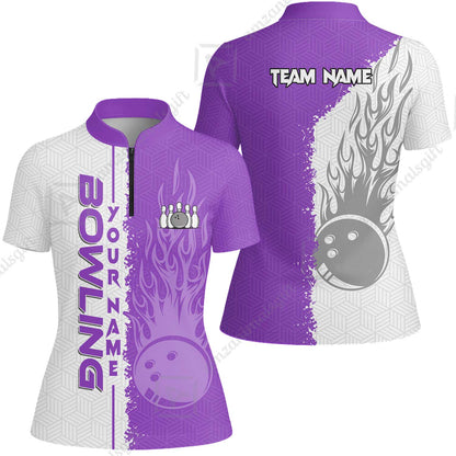 Custom White and Purple Flame Bowling Team Jersey Polo Shirts, Bowling Team Uniforms Jerseys, Personalized Name And Team Name