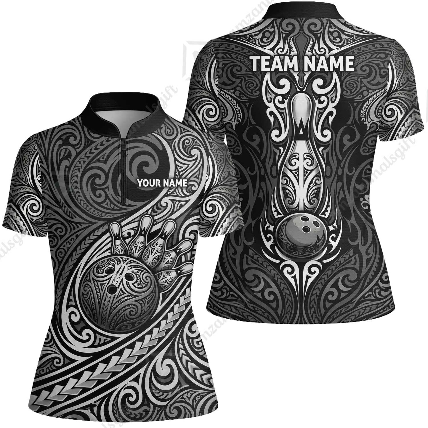 Custom Bowling Jersey Polo Shirt, Intricate Monochrome Tribal Spirit Bowling, Custom Bowling Jersey Team Shirt For Players With Name and Team Name