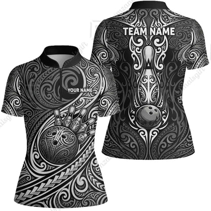Custom Bowling Jersey Polo Shirt, Intricate Monochrome Tribal Spirit Bowling, Custom Bowling Jersey Team Shirt For Players With Name and Team Name