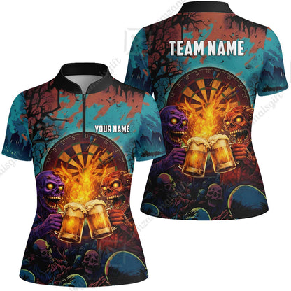 Custom Darts Team Jersey, Personalized Halloween Skull Beer Darts Polo Shirt For Players With Name & Team Name