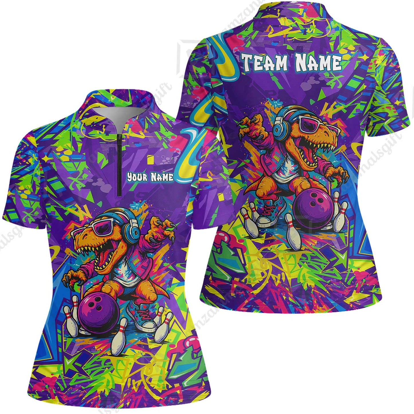 Custom Bowling Jersey Polo Shirt, Vibrant Neon Graffiti DJ T-Rex, Custom Bowling Jersey Team Shirt For Players With Name and Team Name