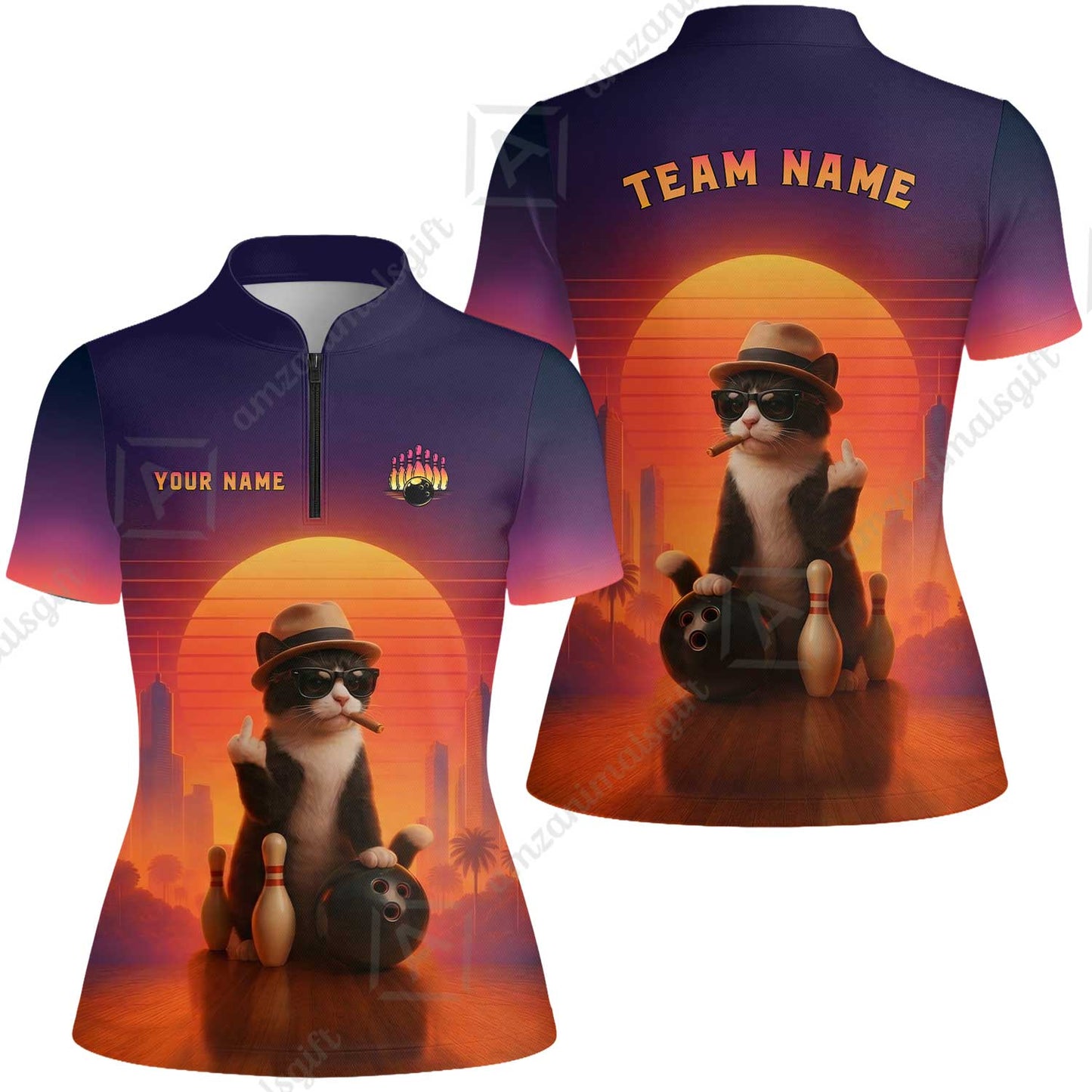 Custom Gangster Cat Bowling Jersey Polo Shirt, Custom Gangster Cat Bowling Jersey Team Shirt For Players With Name & Team Name