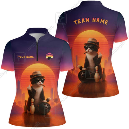 Custom Gangster Cat Bowling Jersey Polo Shirt, Custom Gangster Cat Bowling Jersey Team Shirt For Players With Name & Team Name