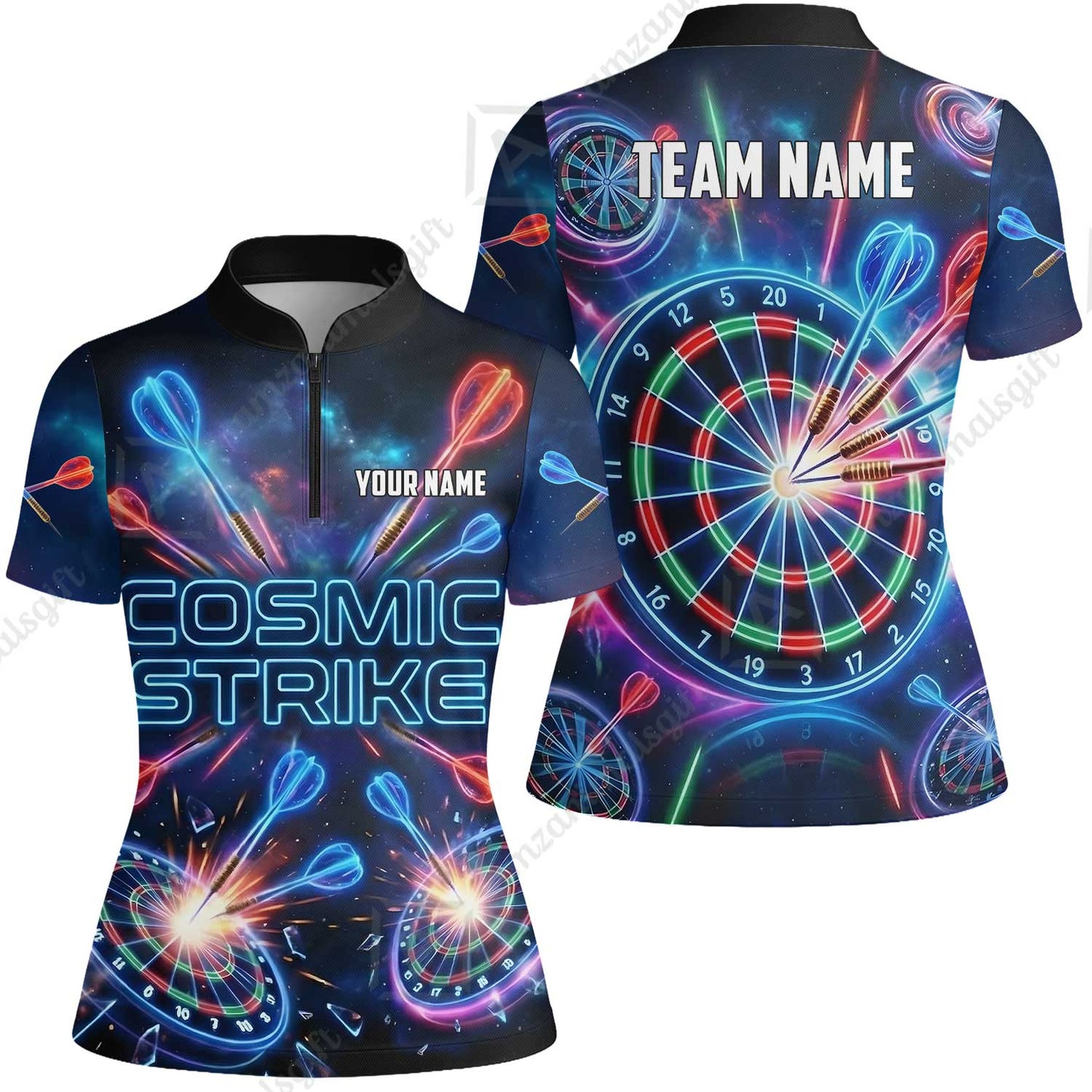 Custom Darts Team Jersey, Personalized Neon Galaxy Strike Darts Polo Shirt For Players With Name & Team Name