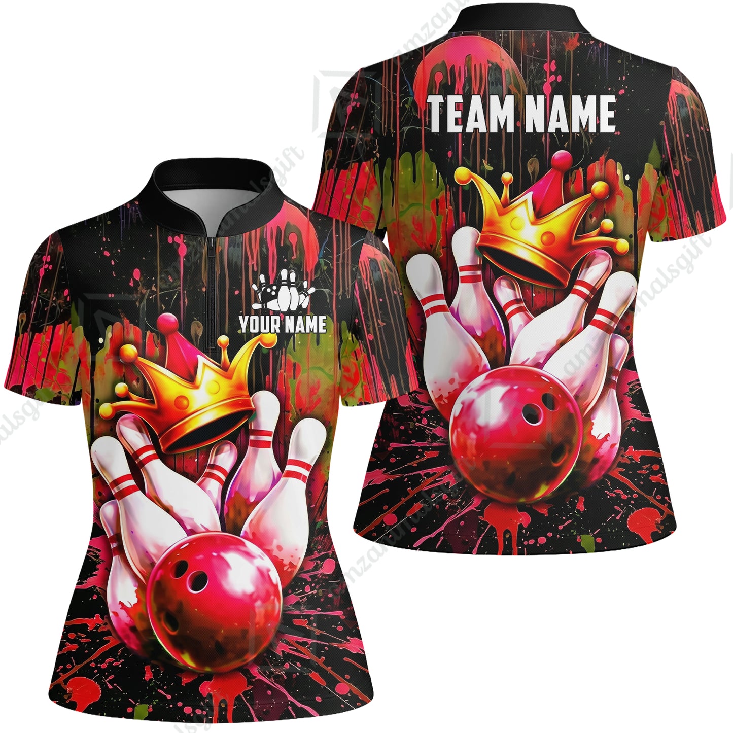 Custom Bowling Jersey Polo Shirt, Neon King Crown, Custom Bowling Jersey Team Shirt For Players With Name and Team Name