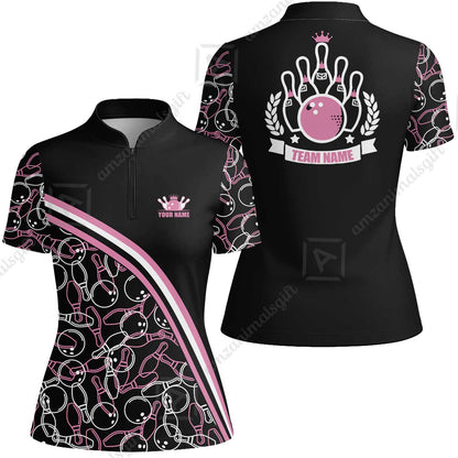 Bowling Customized Women Polo Shirt - Black Pink Bowling Pattern Personalized Bowling Polo Shirt - Gift For Friend, Family, Bowling Lovers