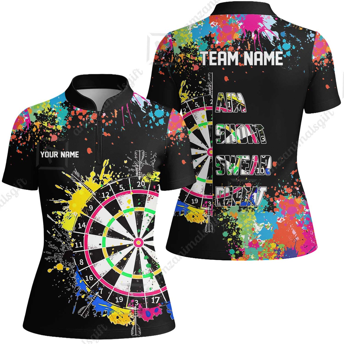 Custom Funny Dartboards Colorful Paint Quarter Zip Polo Team Shirts,  Custom Aim Shoot Swear Repeat Darts Team Jerseys Uniform