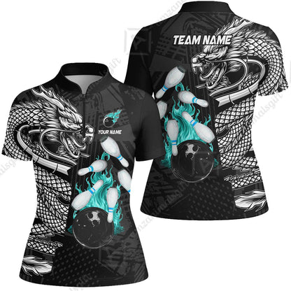 Custom Bowling Team Jerseys Polo Shirts, Bowling uniforms Bowling & Pins Dragon Flame Fire Multicolor Options Personalized Name And Team Name