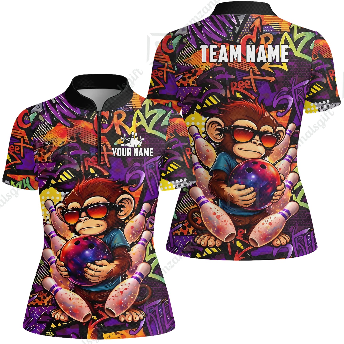 Custom Bowling Jersey Polo Shirt, Street Graffiti Funny Monkey Mascot, Custom Bowling Jersey Team Shirt For Players With Name & Team Name