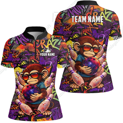 Custom Bowling Jersey Polo Shirt, Street Graffiti Funny Monkey Mascot, Custom Bowling Jersey Team Shirt For Players With Name & Team Name