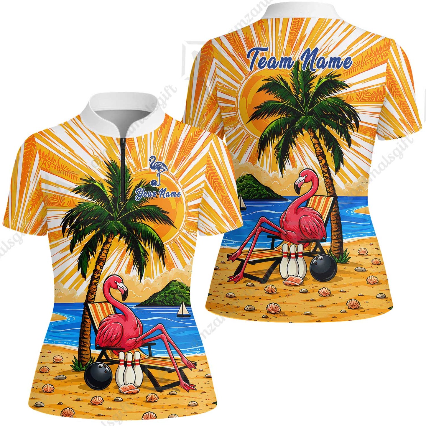 Custom Bowling Jersey Polo Shirt, Flamingo Aloha, Custom Bowling Jersey Team Shirt For Players With Name and Team Name