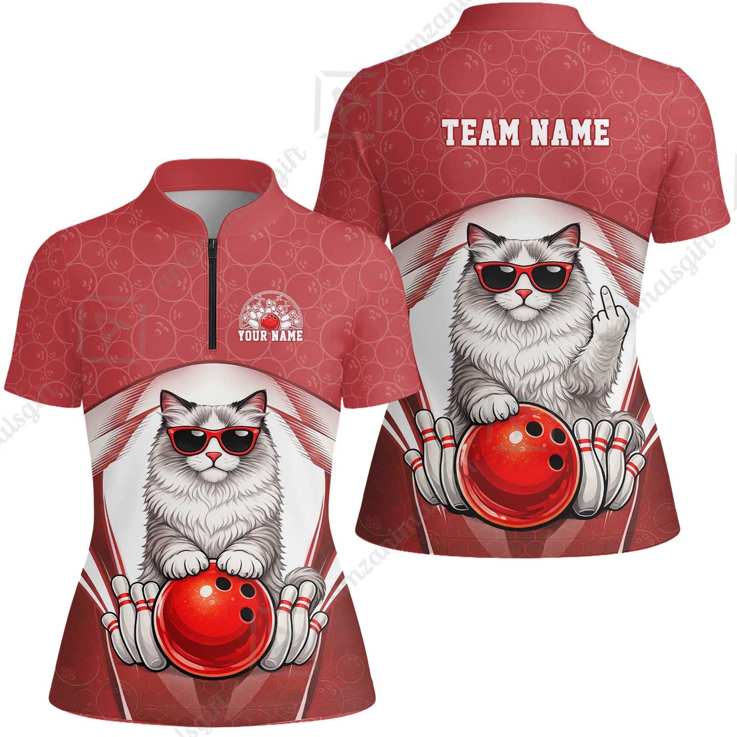 Custom Bowling Polo Shirt, Funny Cat with Sunglasses Bowling Custom Bowling Polo Team Shirt For Players With Name & Team Name