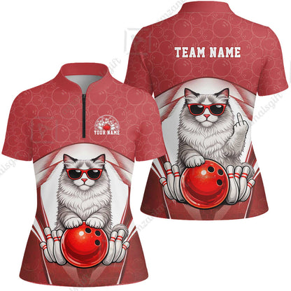 Custom Bowling Polo Shirt, Funny Cat with Sunglasses Bowling Custom Bowling Polo Team Shirt For Players With Name & Team Name
